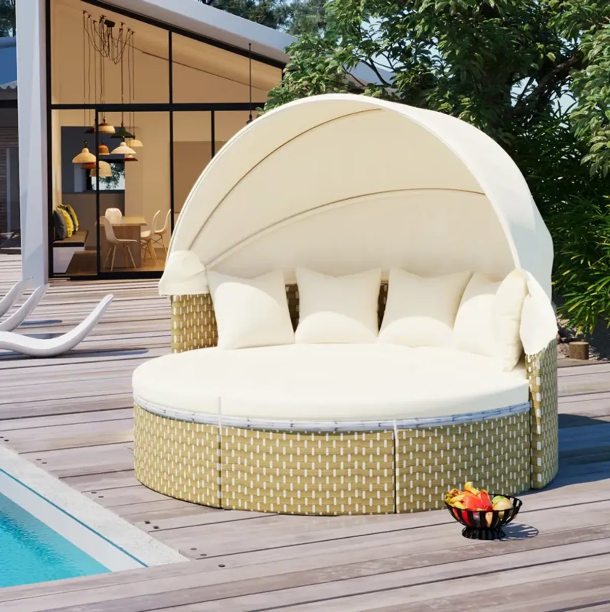 Merax Luxury Round Outdoor Sectional Sofa Set Rattan Daybed