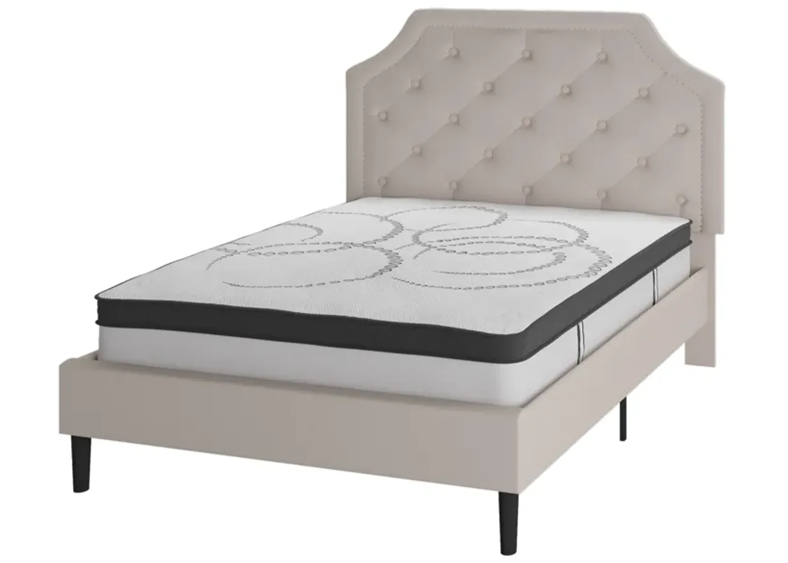 Brighton Full Size Tufted Upholstered Platform Bed in Beige Fabric with 10 Inch CertiPUR-US Certified Pocket Spring Mattress