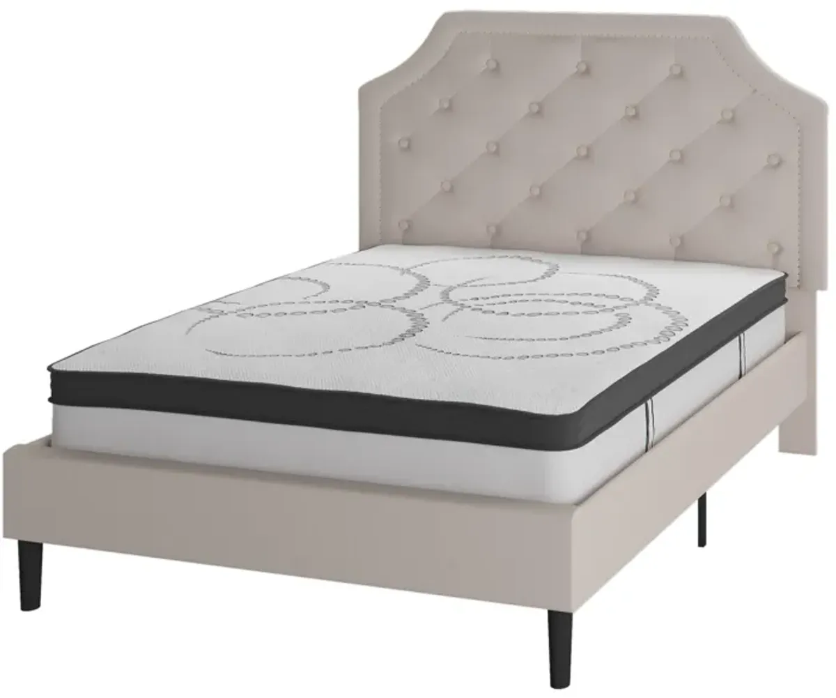 Brighton Full Size Tufted Upholstered Platform Bed in Beige Fabric with 10 Inch CertiPUR-US Certified Pocket Spring Mattress