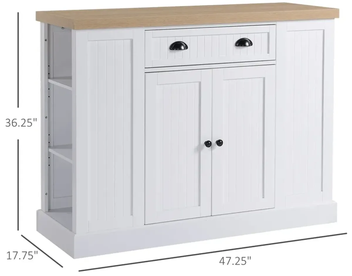 White Kitchen Cart: Island on Wheels with Storage Cabinet and Drawer