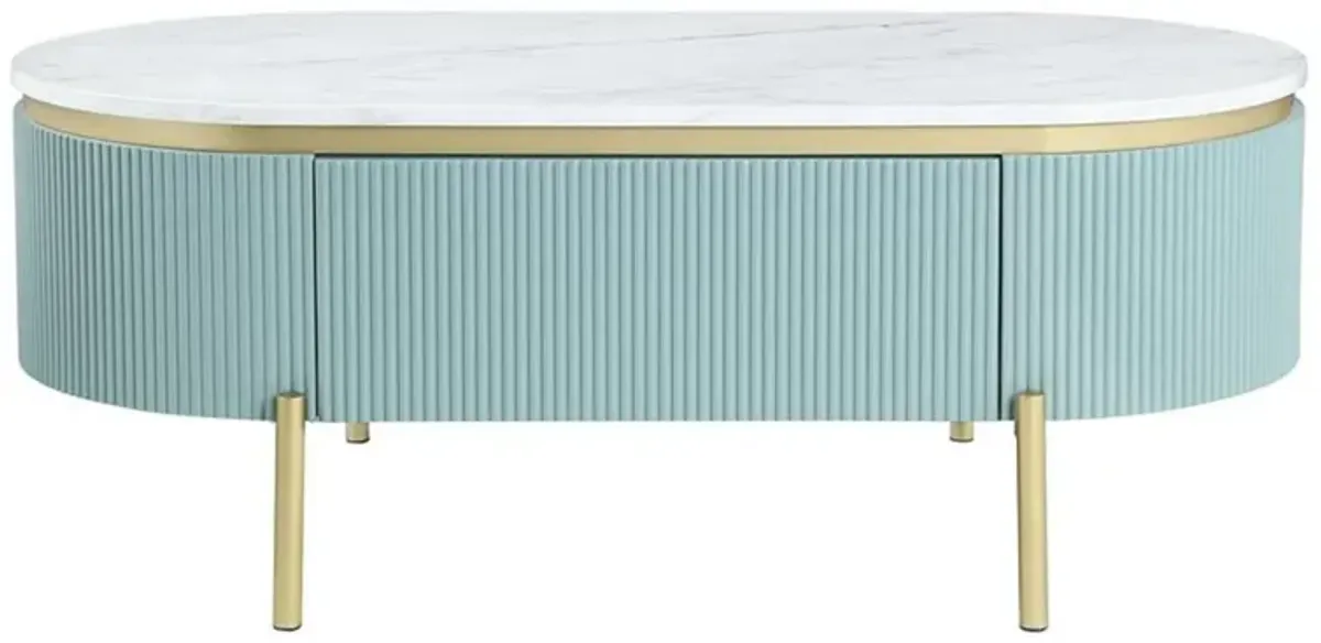 Ville 48 Inch Oblong Coffee Table, White Faux Marble Top, Teal Reeded Edges-Benzara