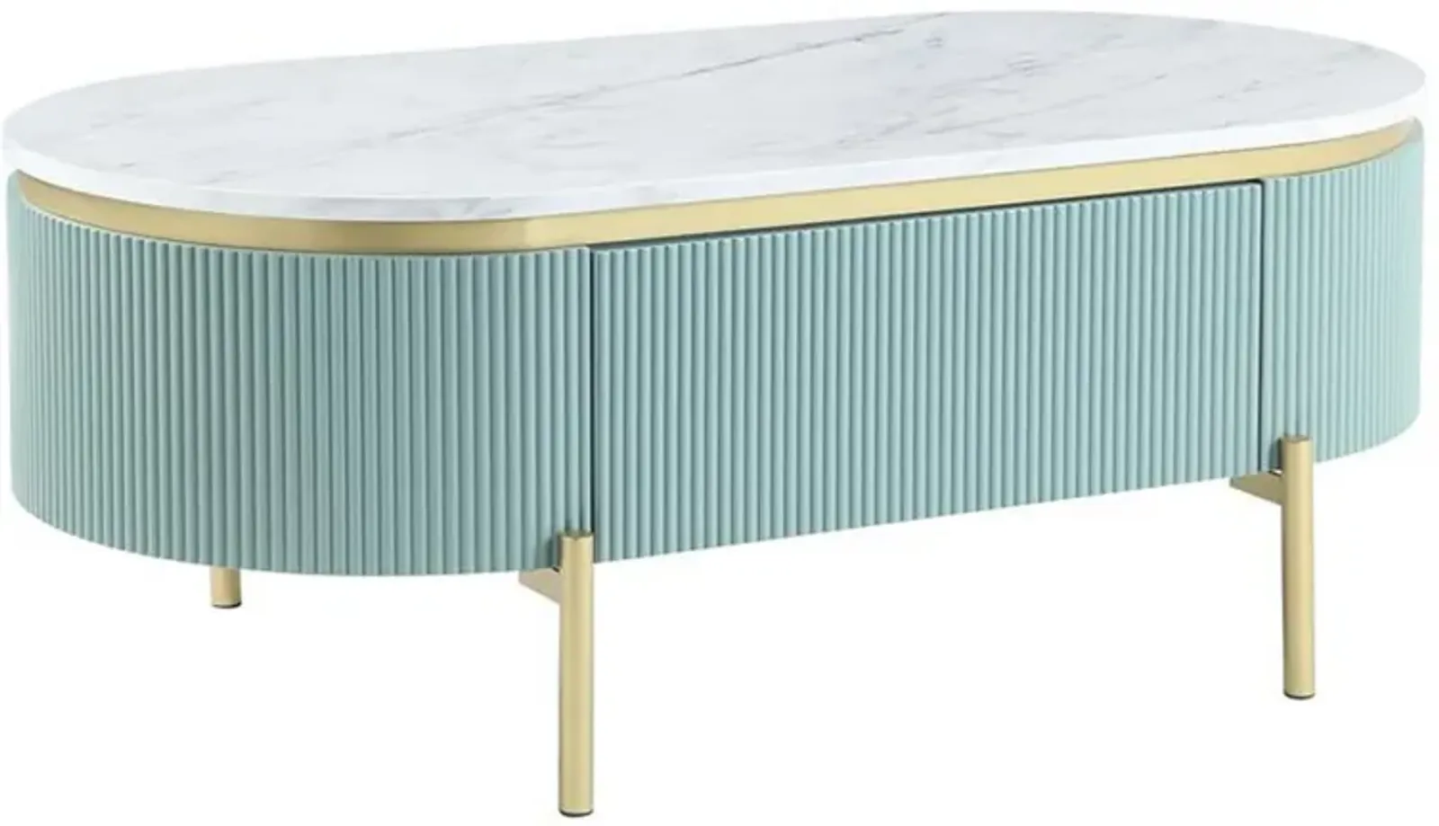 Ville 48 Inch Oblong Coffee Table, White Faux Marble Top, Teal Reeded Edges-Benzara