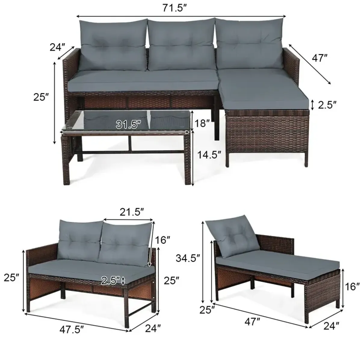 3 Pieces Outdoor Patio Corner Rattan Sofa Set-Grey