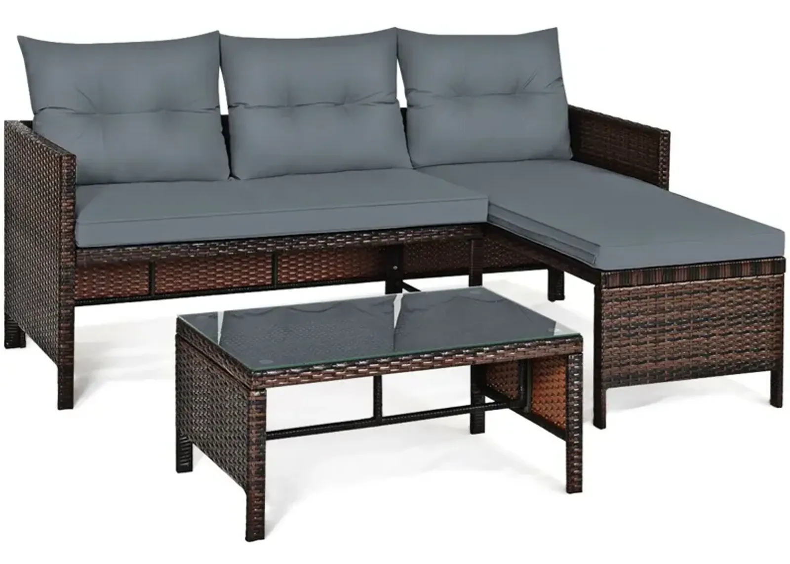 3 Pieces Outdoor Patio Corner Rattan Sofa Set-Grey