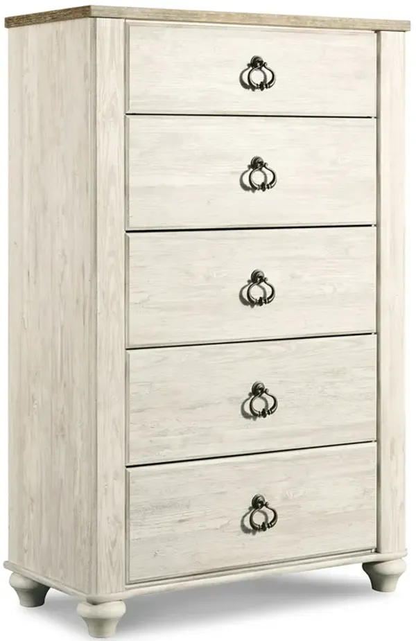 Isla Tall Dresser Chest, 5 Drawer, Brown Wood Finish, Rustic Whitewash - Benzara