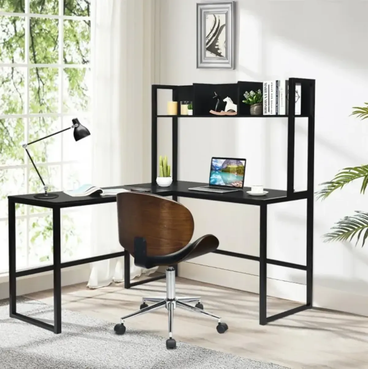 Hivvago Reversible L-Shaped Corner Desk with Storage Bookshelf