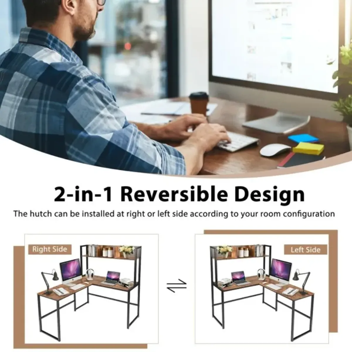 Hivvago Reversible L-Shaped Corner Desk with Storage Bookshelf