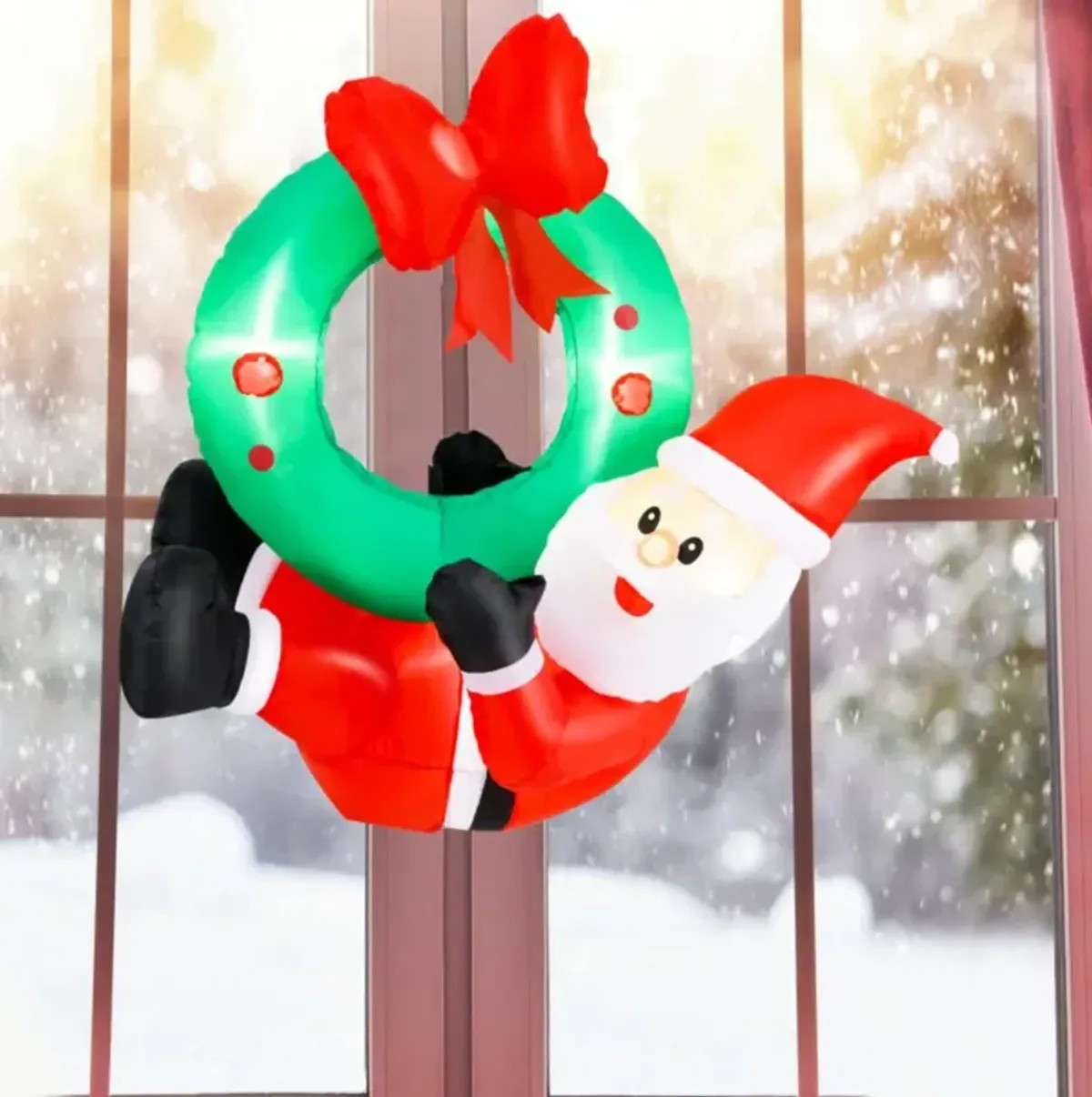 Hivvago 4 ft Inflatable Santa Claus Wreath with Red Bow and 5 LED Lights