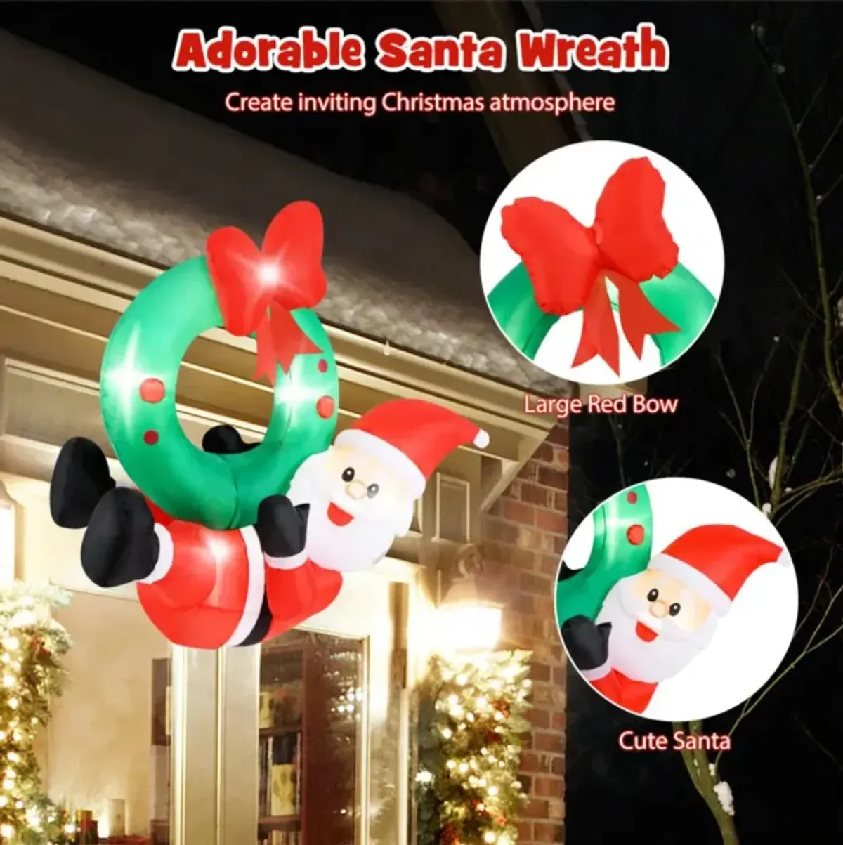 Hivvago 4 ft Inflatable Santa Claus Wreath with Red Bow and 5 LED Lights