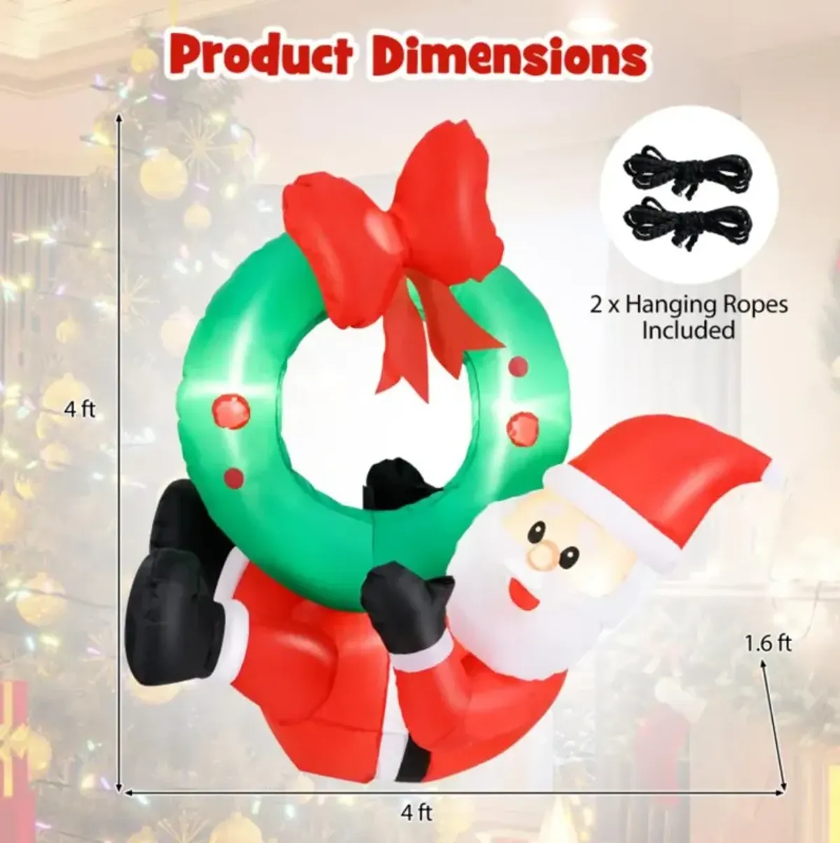 Hivvago 4 ft Inflatable Santa Claus Wreath with Red Bow and 5 LED Lights