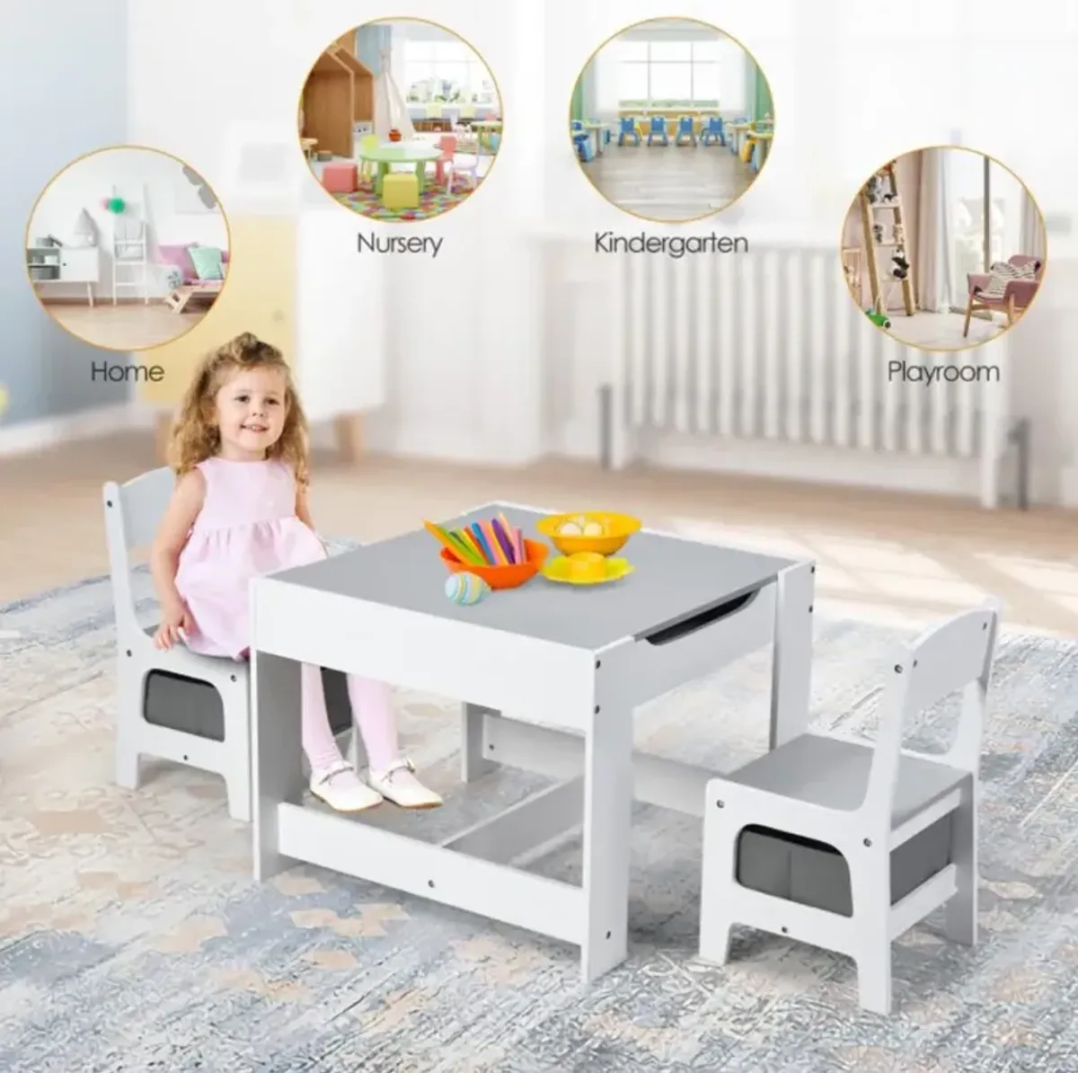 Hivvago Kids Table Chairs Set With Storage Boxes Blackboard Whiteboard Drawing