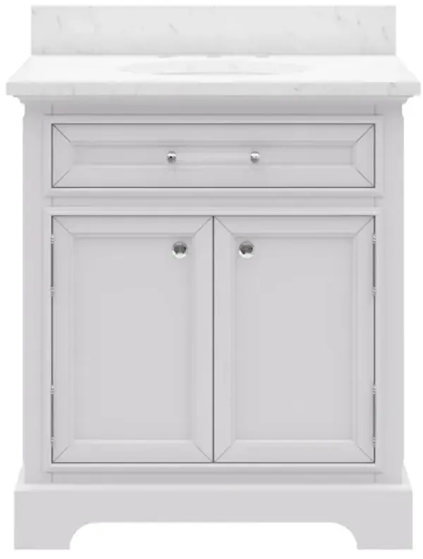 Derby 30 In. Single Sink Carrara White Marble Countertop Bath Vanity In Pure White