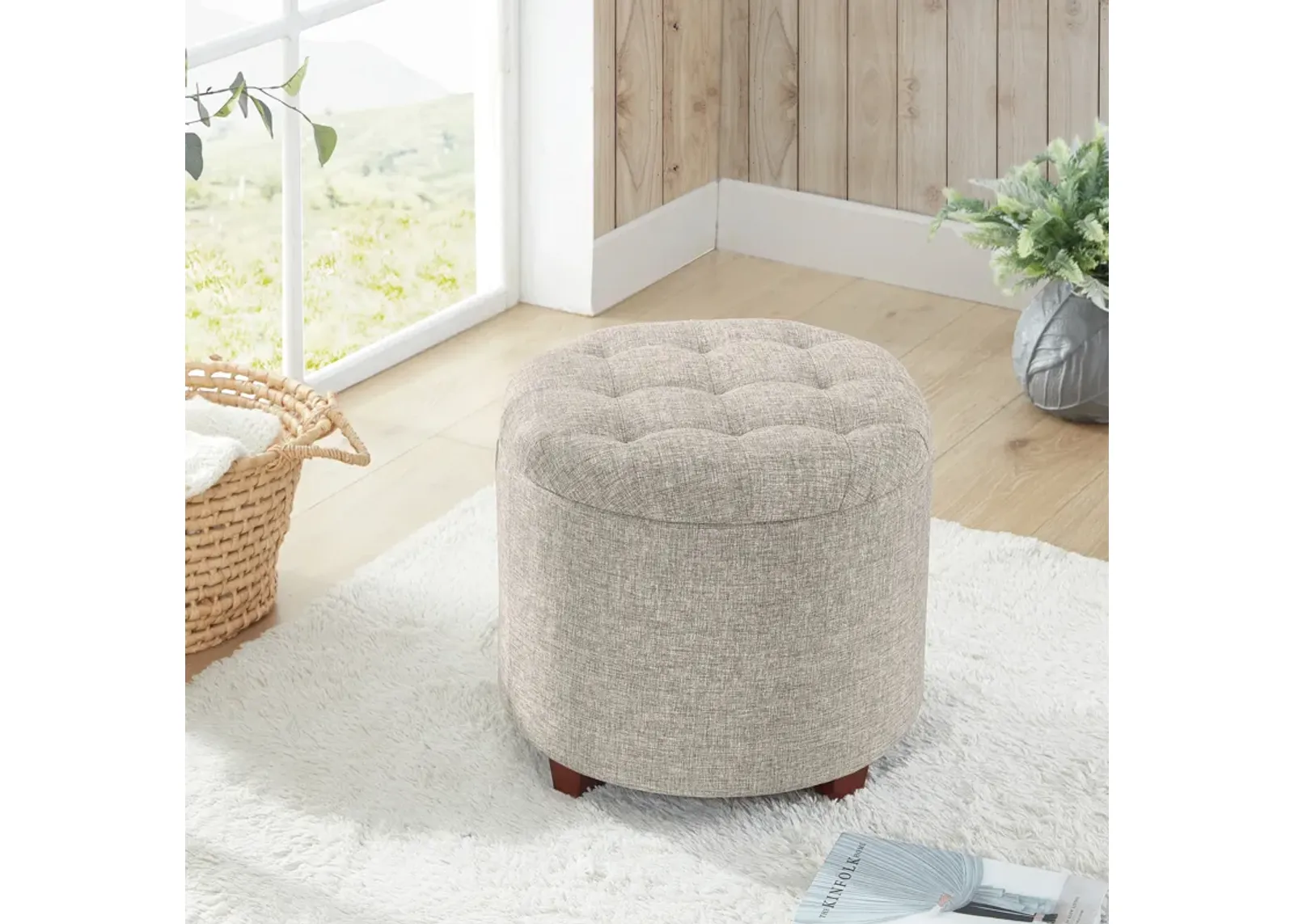 Donovan Round Tufted Linen Storage Ottoman - Beige