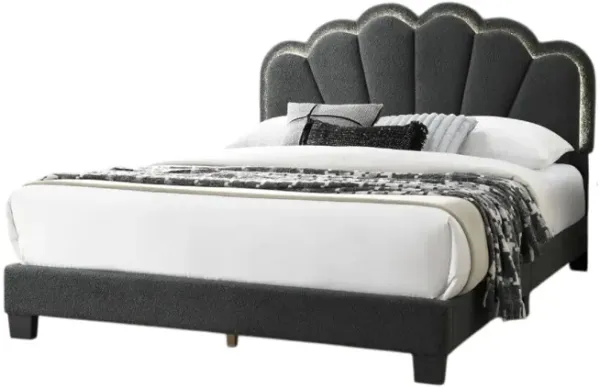 Geny Queen Size Bed, Charcoal Gray Wool Upholstery and LED, Glam Arch - Benzara