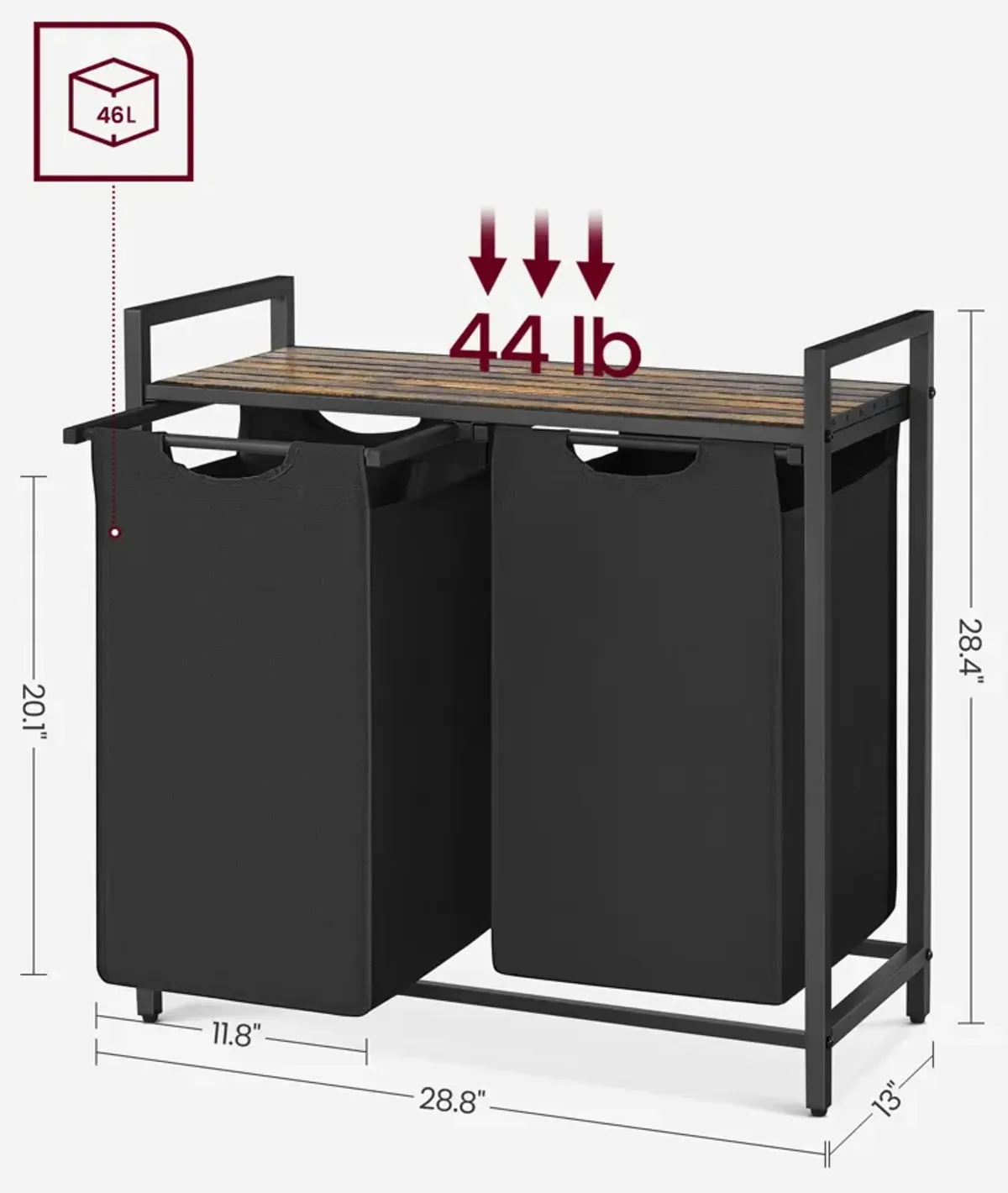 Metal Frame Laundry Hamper with Top Shelf and Pull-Out Bags, 2 Removable Oxford Fabric Bags