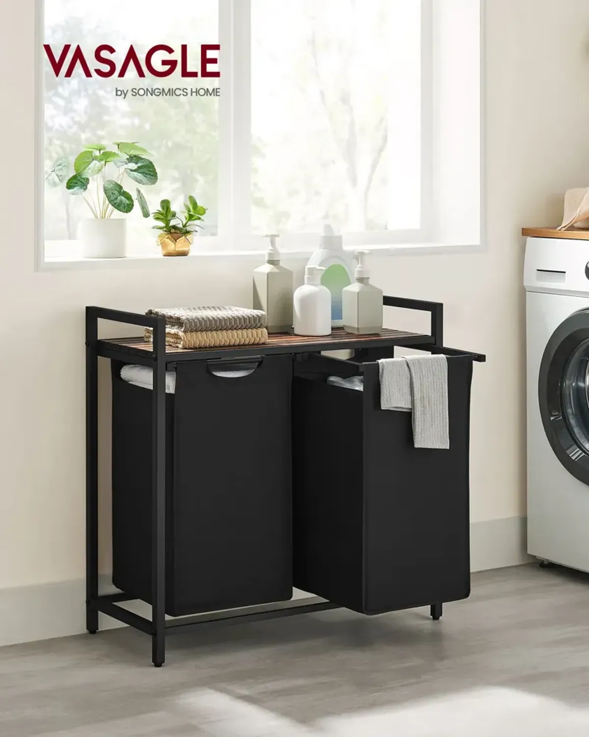 Metal Frame Laundry Hamper with Top Shelf and Pull-Out Bags, 2 Removable Oxford Fabric Bags