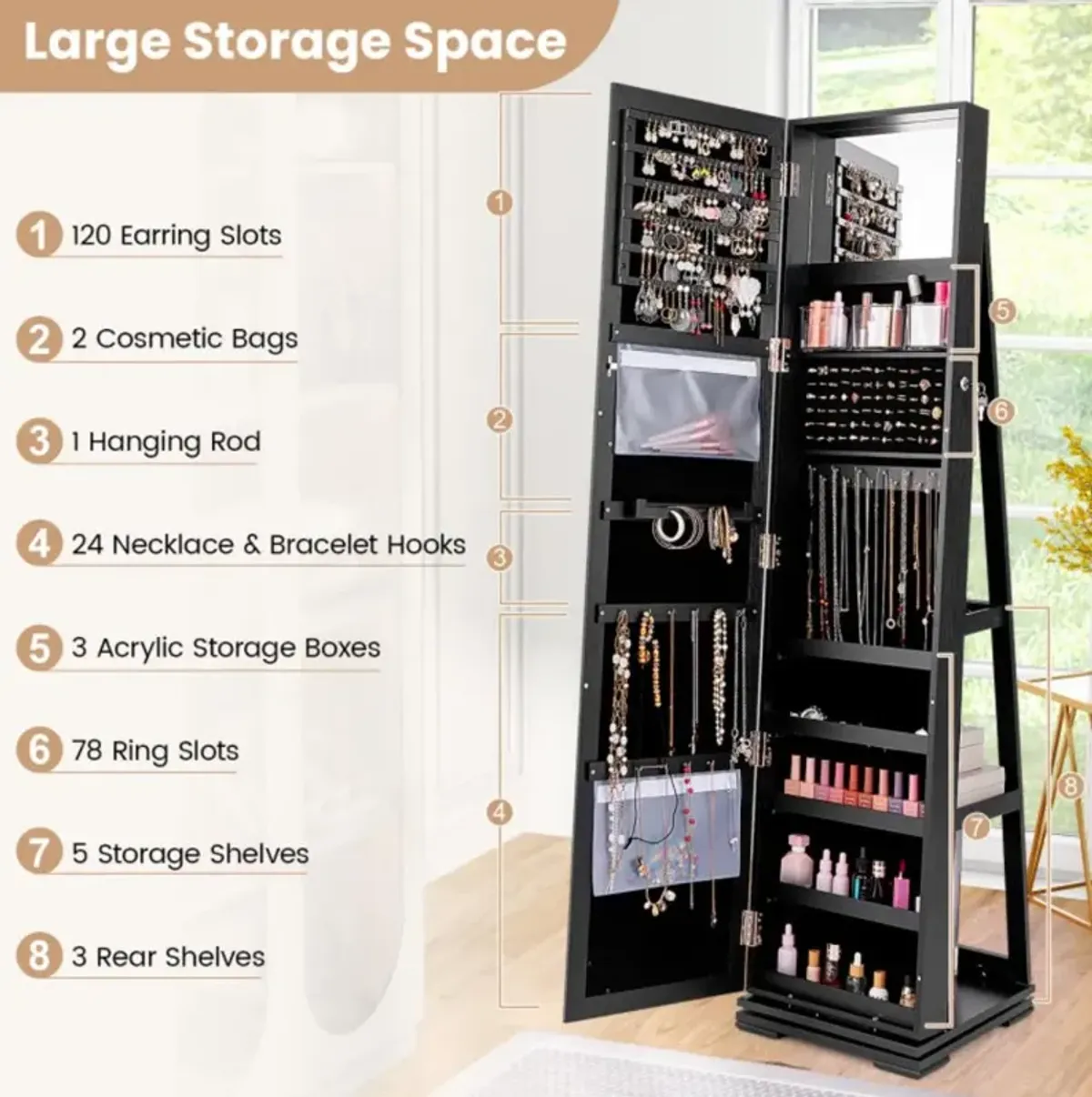 Hivvago 360Â° Rotatable 2-in-1 Lockable Jewelry Cabinet with Full-Length Mirror