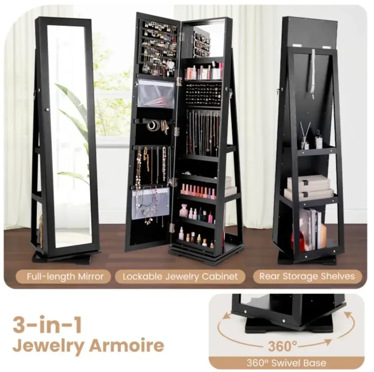 Hivvago 360Â° Rotatable 2-in-1 Lockable Jewelry Cabinet with Full-Length Mirror