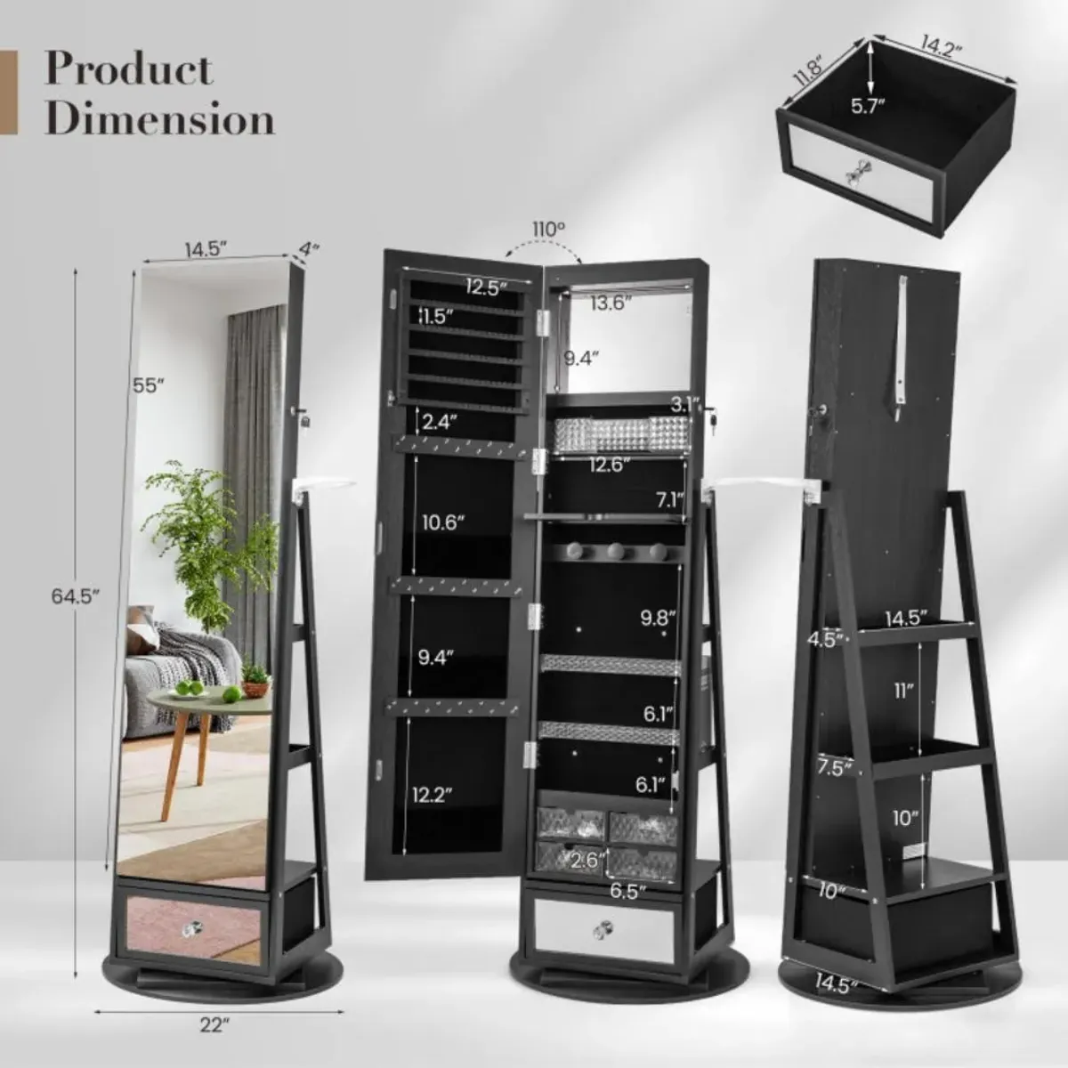 Hivvago 360Â° Rotatable 2-in-1 Lockable Jewelry Cabinet with Full-Length Mirror