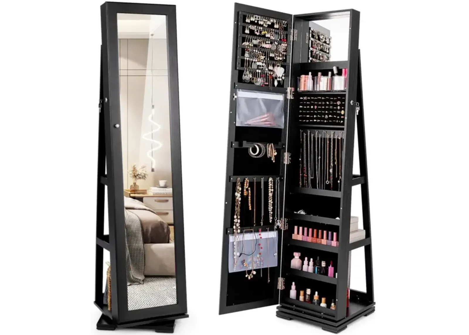 Hivvago 360Â° Rotatable 2-in-1 Lockable Jewelry Cabinet with Full-Length Mirror