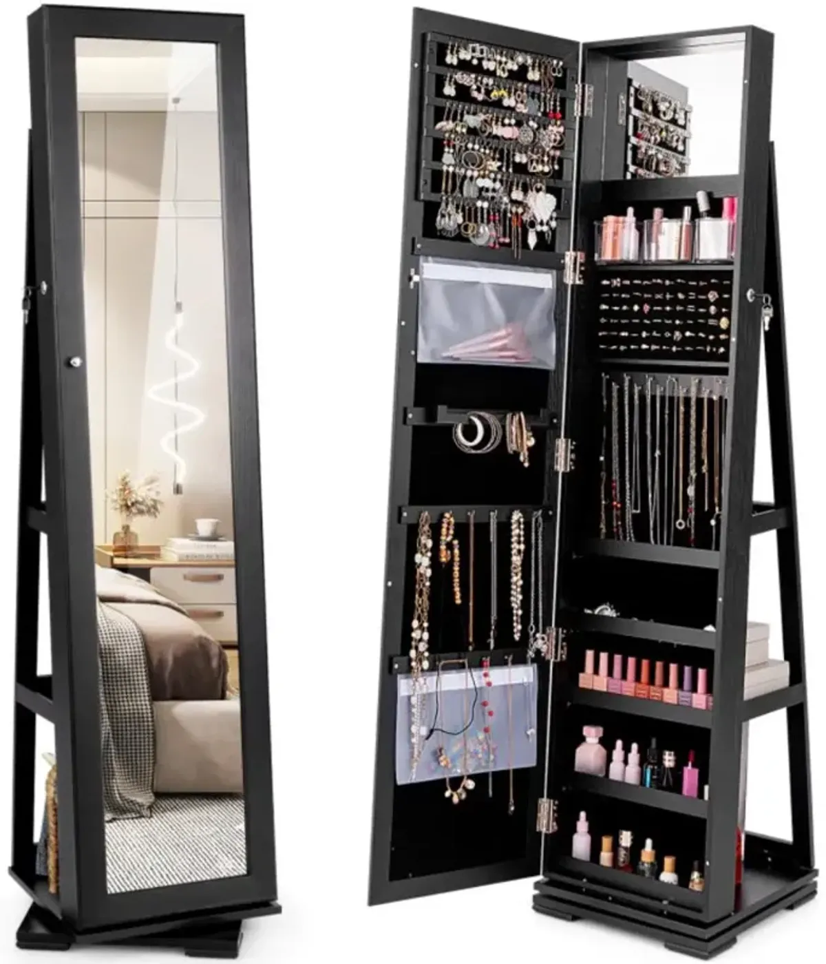 Hivvago 360Â° Rotatable 2-in-1 Lockable Jewelry Cabinet with Full-Length Mirror