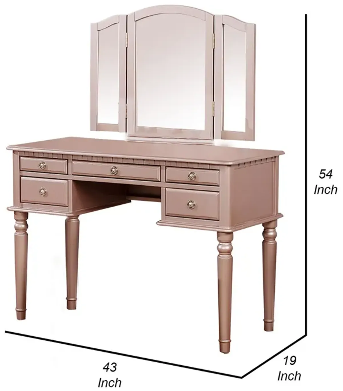 Vanity Set with Turned Tapered Legs and Three Piece Mirror, Rose Gold-Benzara