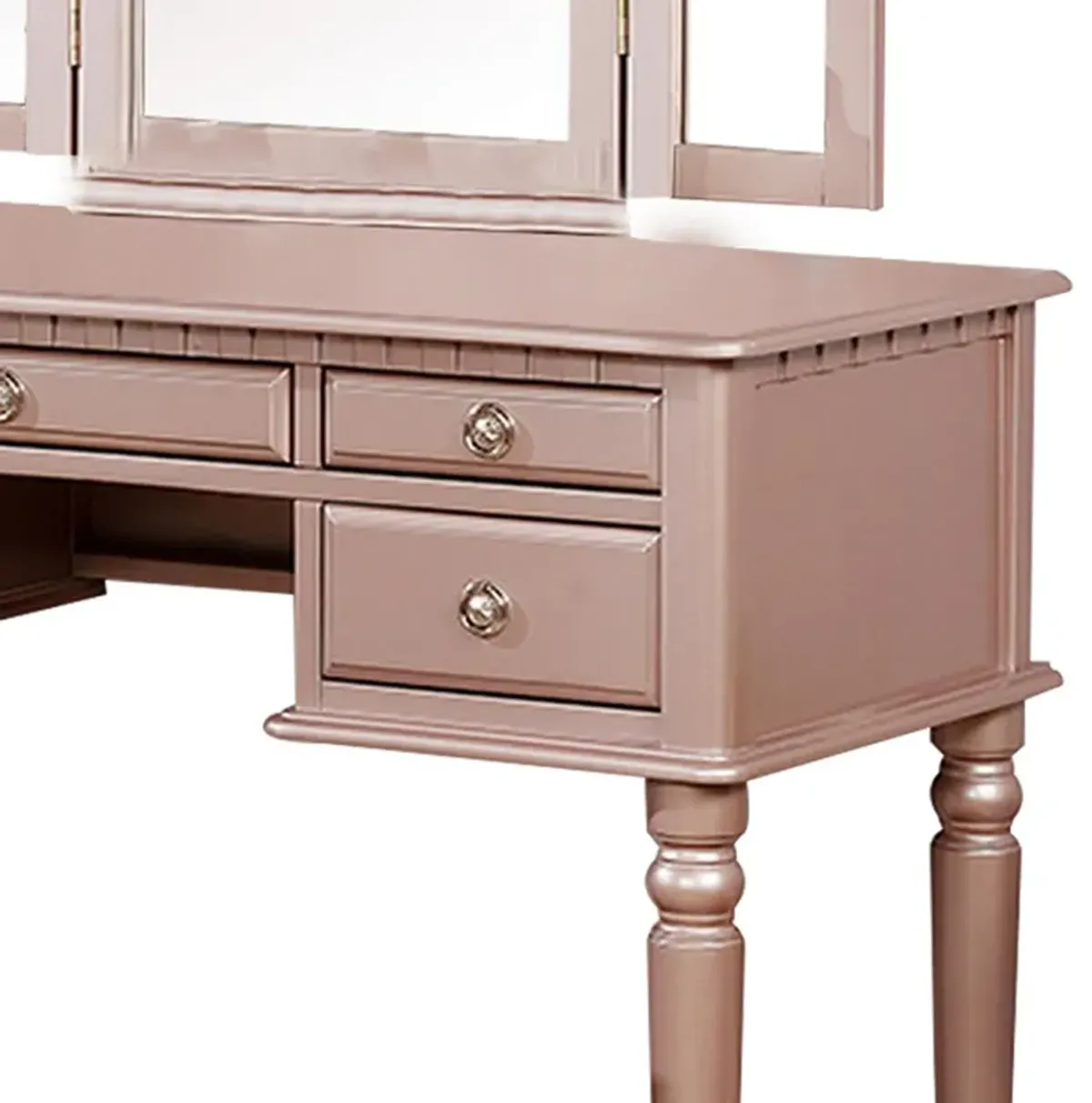 Vanity Set with Turned Tapered Legs and Three Piece Mirror, Rose Gold-Benzara