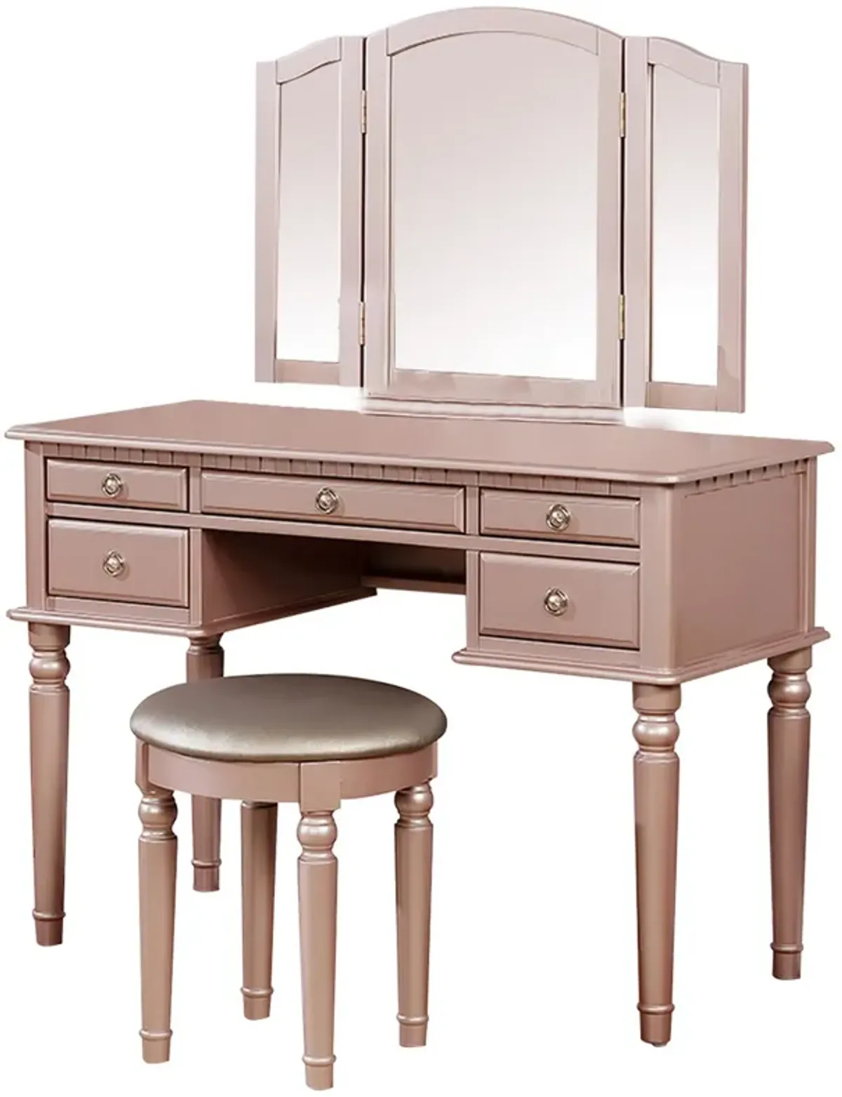 Vanity Set with Turned Tapered Legs and Three Piece Mirror, Rose Gold-Benzara