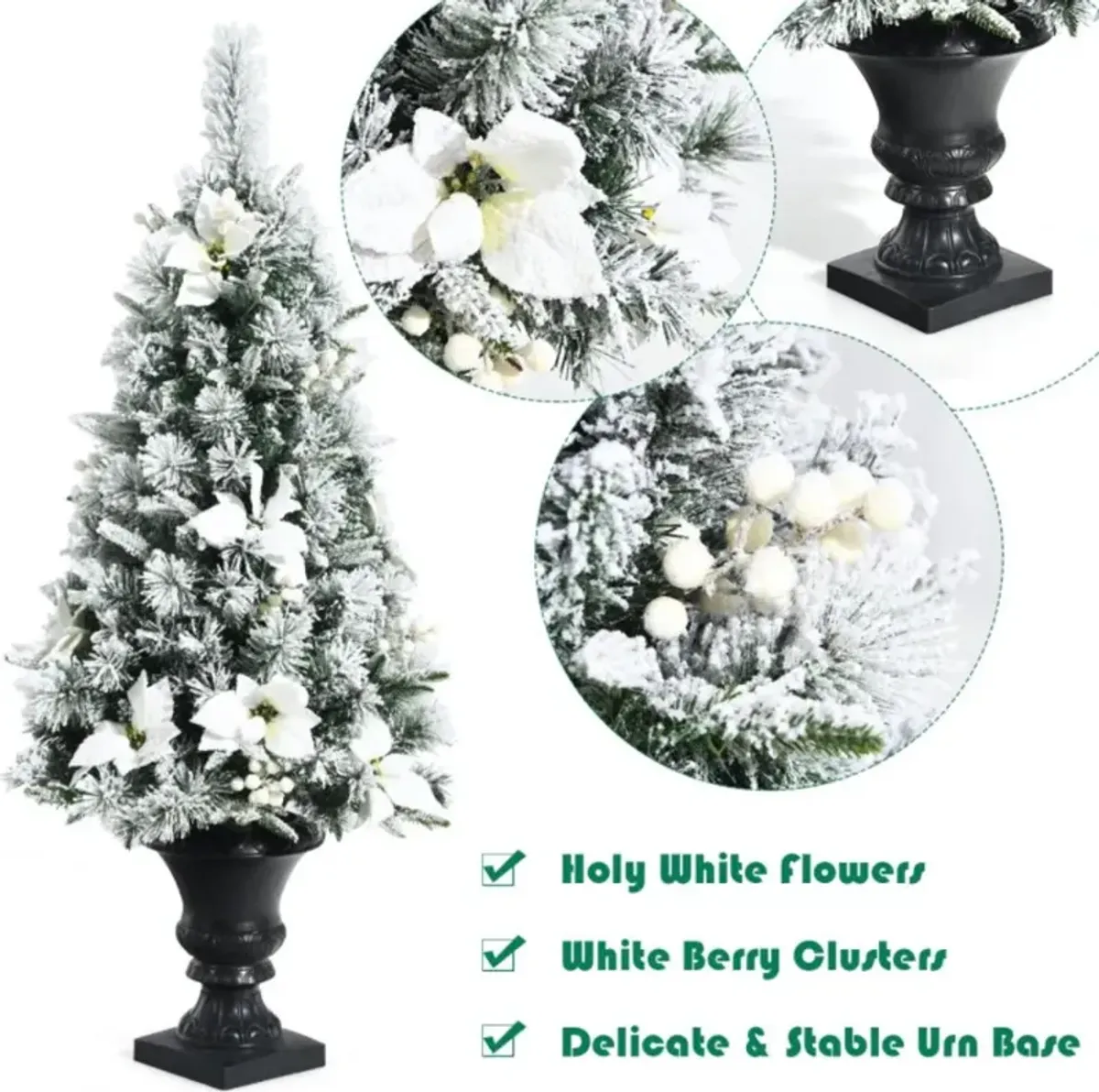 Hivvago 4 Feet Pre-lit Snowy Christmas Entrance Tree with White Berries and Flowers