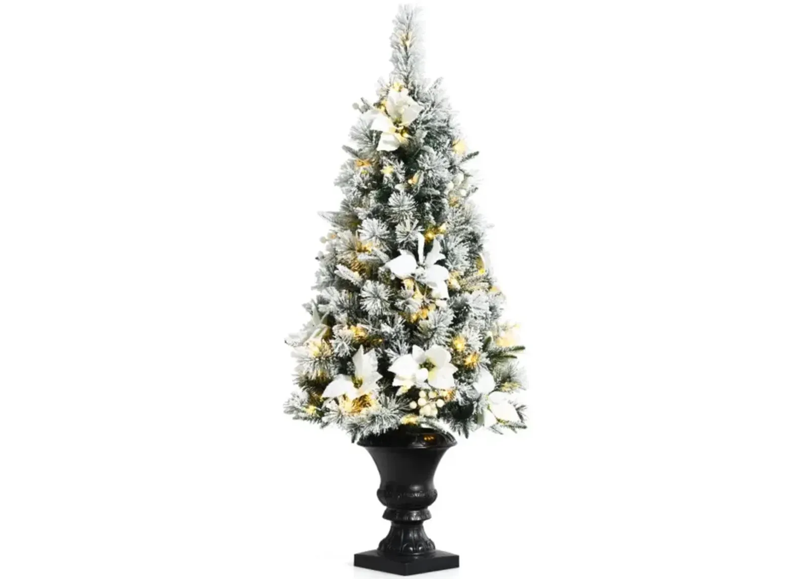 Hivvago 4 Feet Pre-lit Snowy Christmas Entrance Tree with White Berries and Flowers