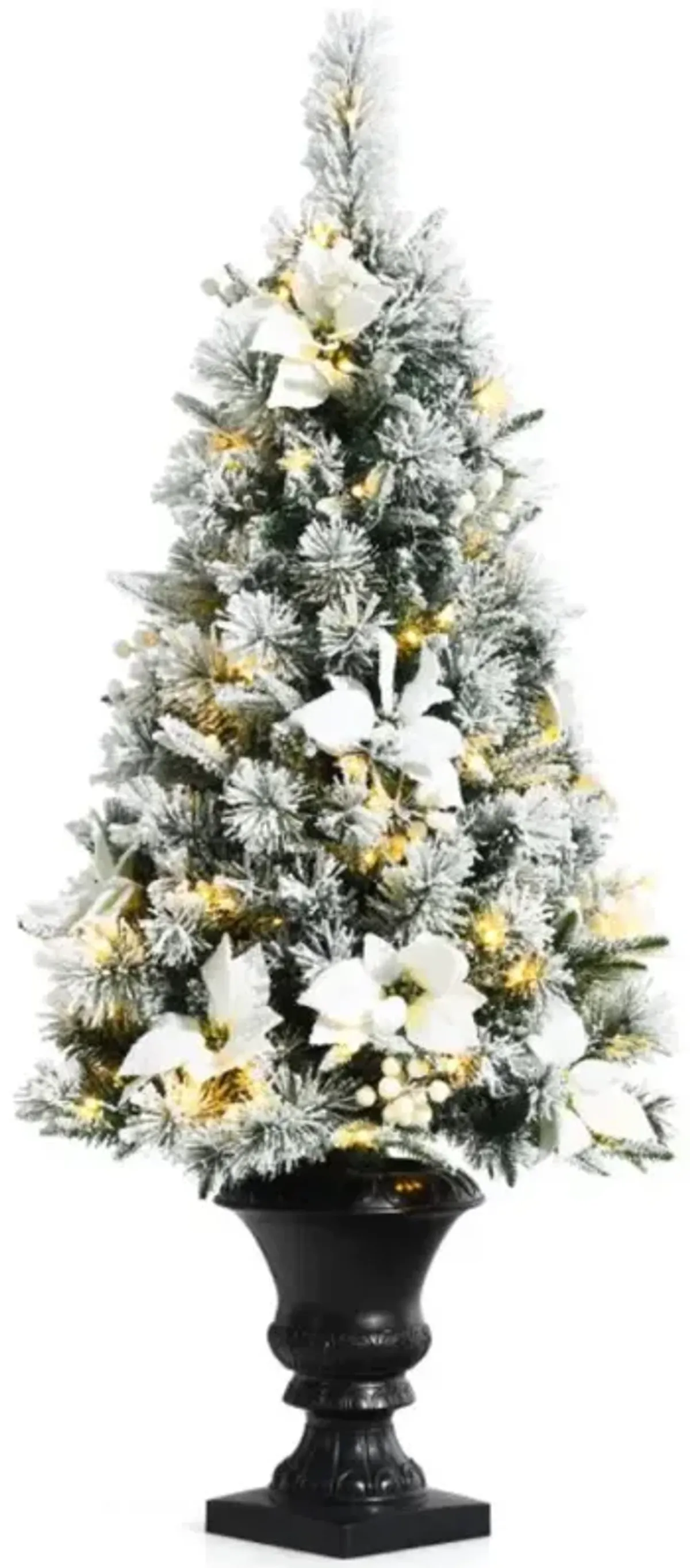 Hivvago 4 Feet Pre-lit Snowy Christmas Entrance Tree with White Berries and Flowers