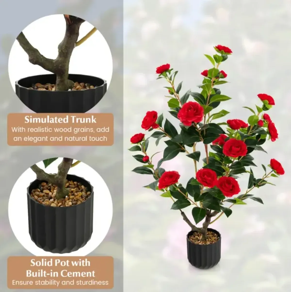 Hivvago 38 Inch Artificial Camellia Tree Faux Flower Plant in Cement Pot