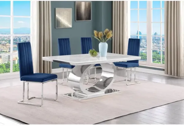 5pc Small(68") marble top dining set with silver base and 4 Navy blue chairs