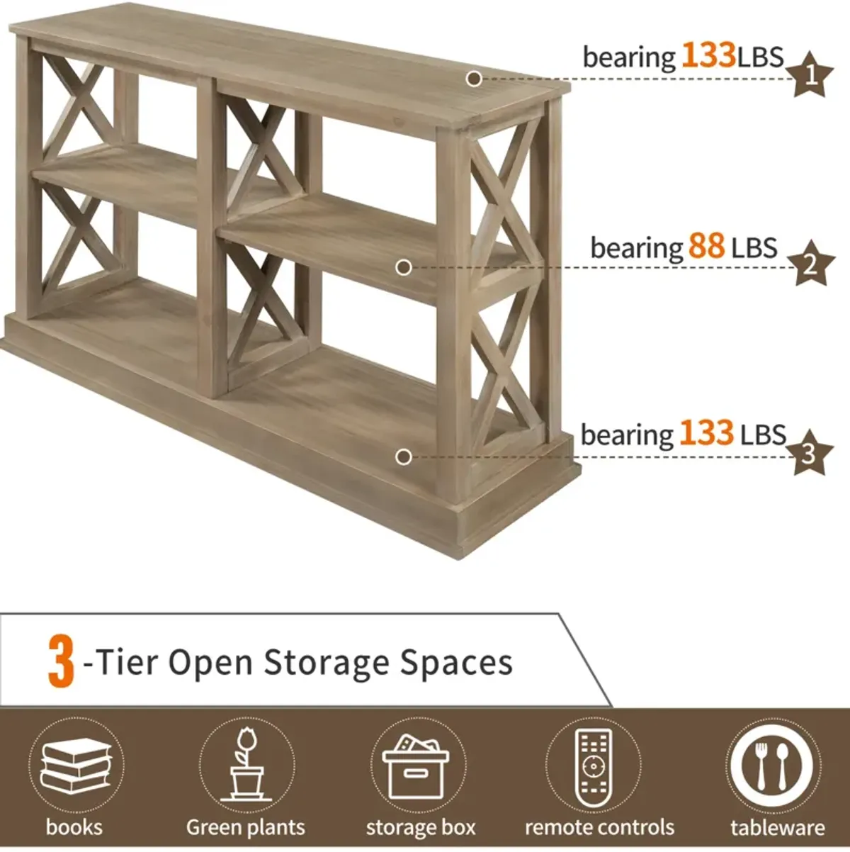 Console Table with 3-Tier Open Storage Spaces and “X” Legs, Narrow Sofa Entry Table for Living Room, Entryway and Hallway