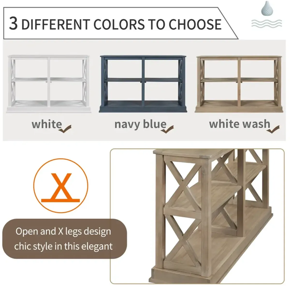 Console Table with 3-Tier Open Storage Spaces and “X” Legs, Narrow Sofa Entry Table for Living Room, Entryway and Hallway