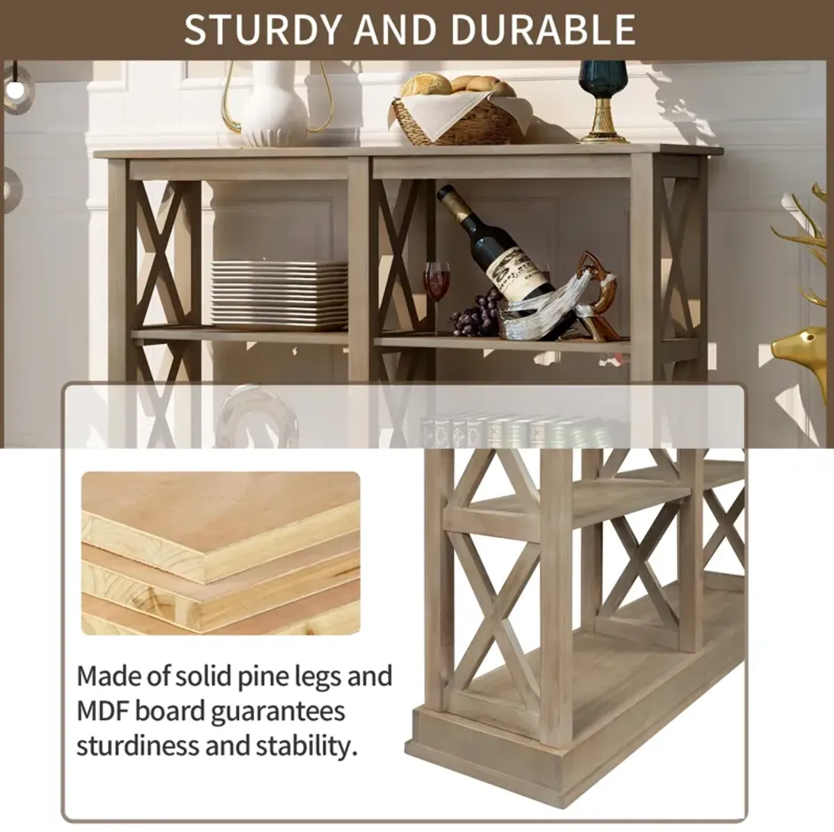 Console Table with 3-Tier Open Storage Spaces and “X” Legs, Narrow Sofa Entry Table for Living Room, Entryway and Hallway