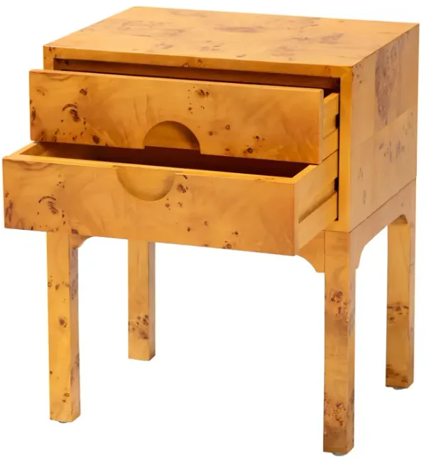 bali & pari Kayla Modern and Contemporary Natural Light Mappa Burl Wood 2 Drawer Nightstand