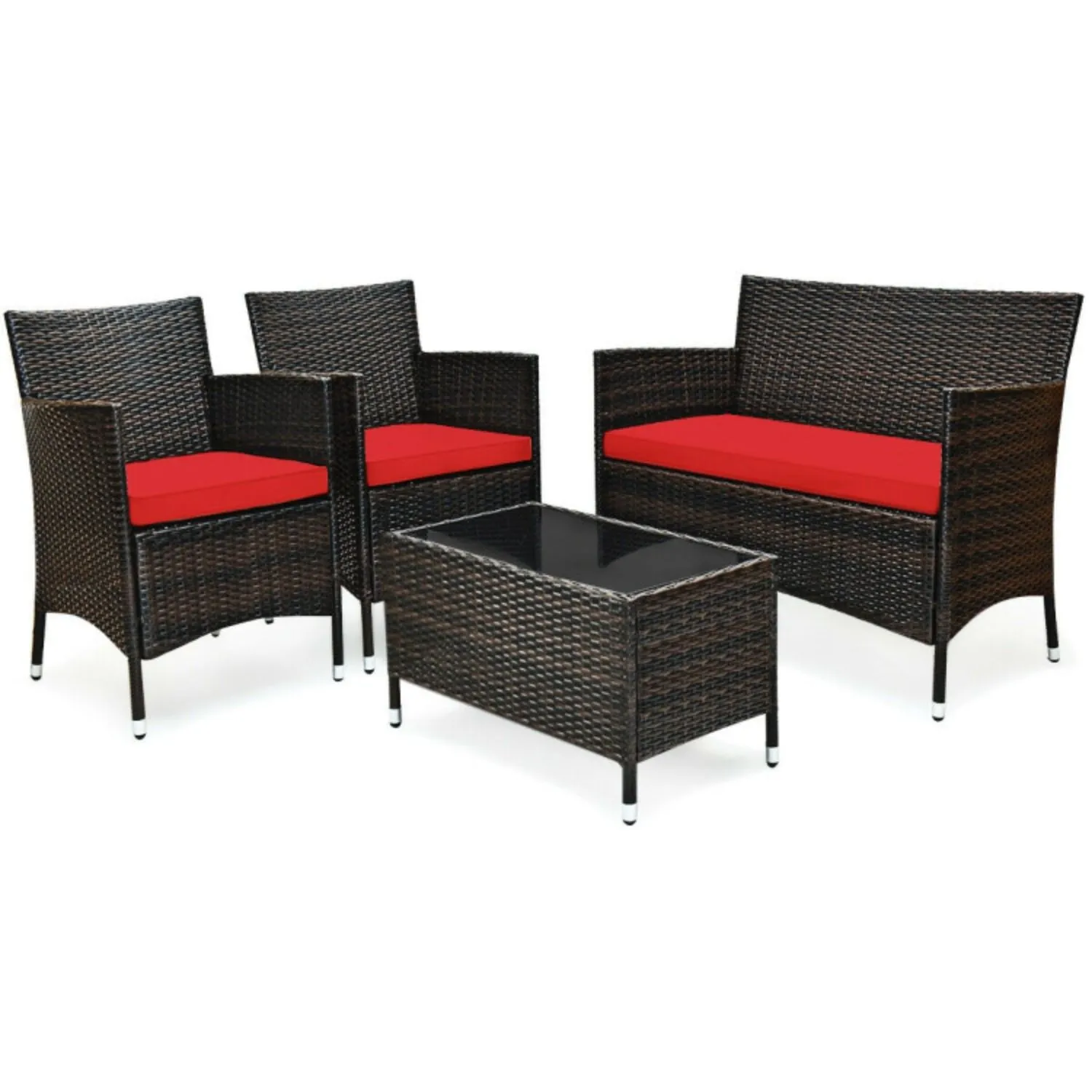 Hivvago 4 Pieces Comfortable Outdoor Rattan Sofa Set with Glass Coffee Table