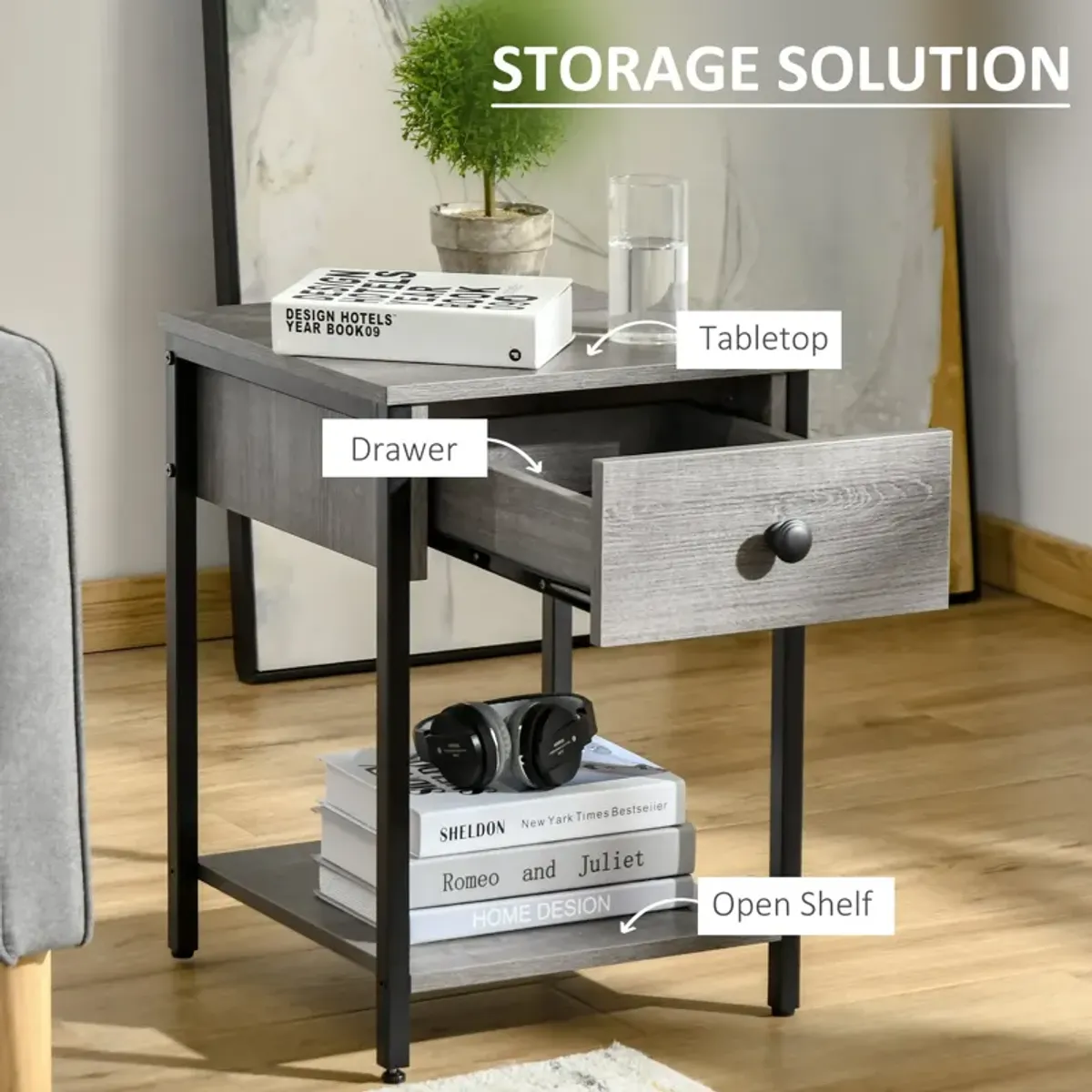 Grey Industrial Table: End Table with Drawer and Storage Shelf