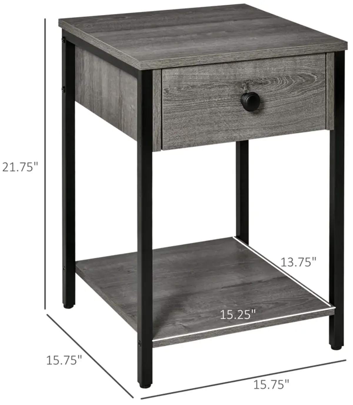 Grey Industrial Table: End Table with Drawer and Storage Shelf