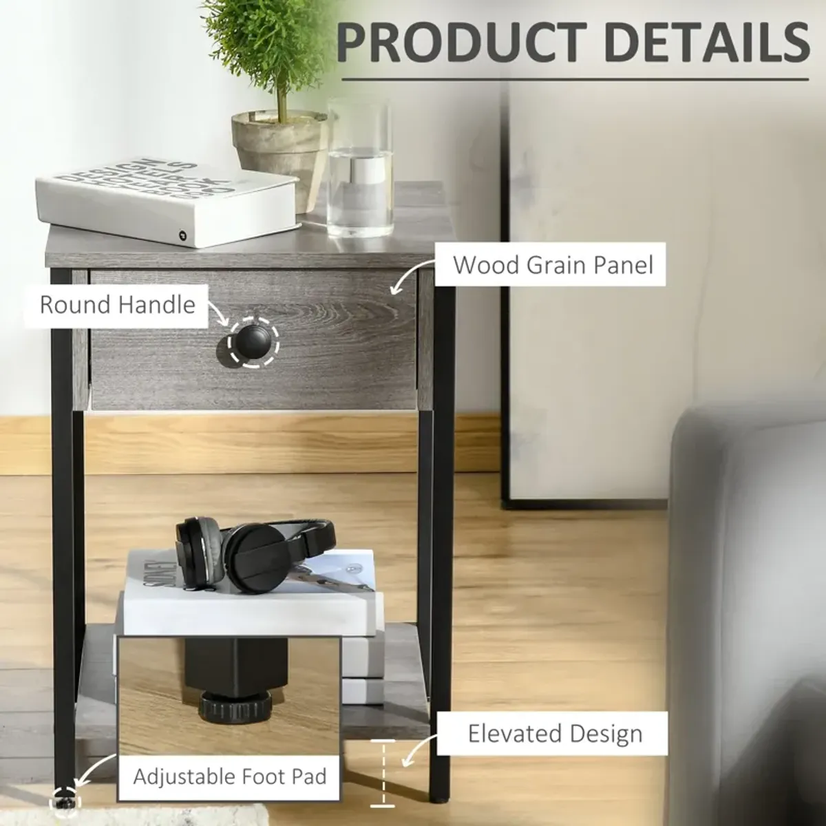 Grey Industrial Table: End Table with Drawer and Storage Shelf