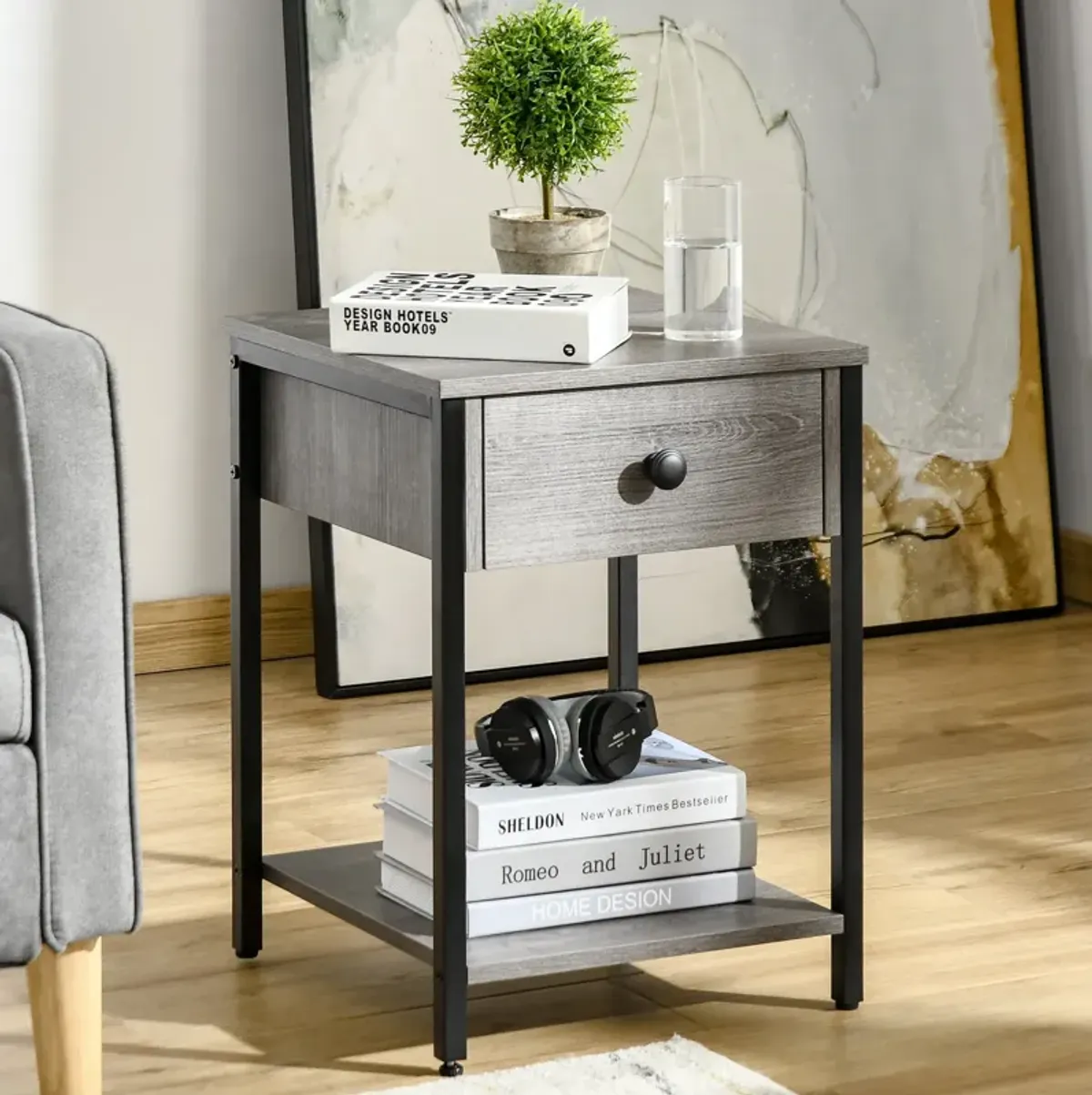 Grey Industrial Table: End Table with Drawer and Storage Shelf