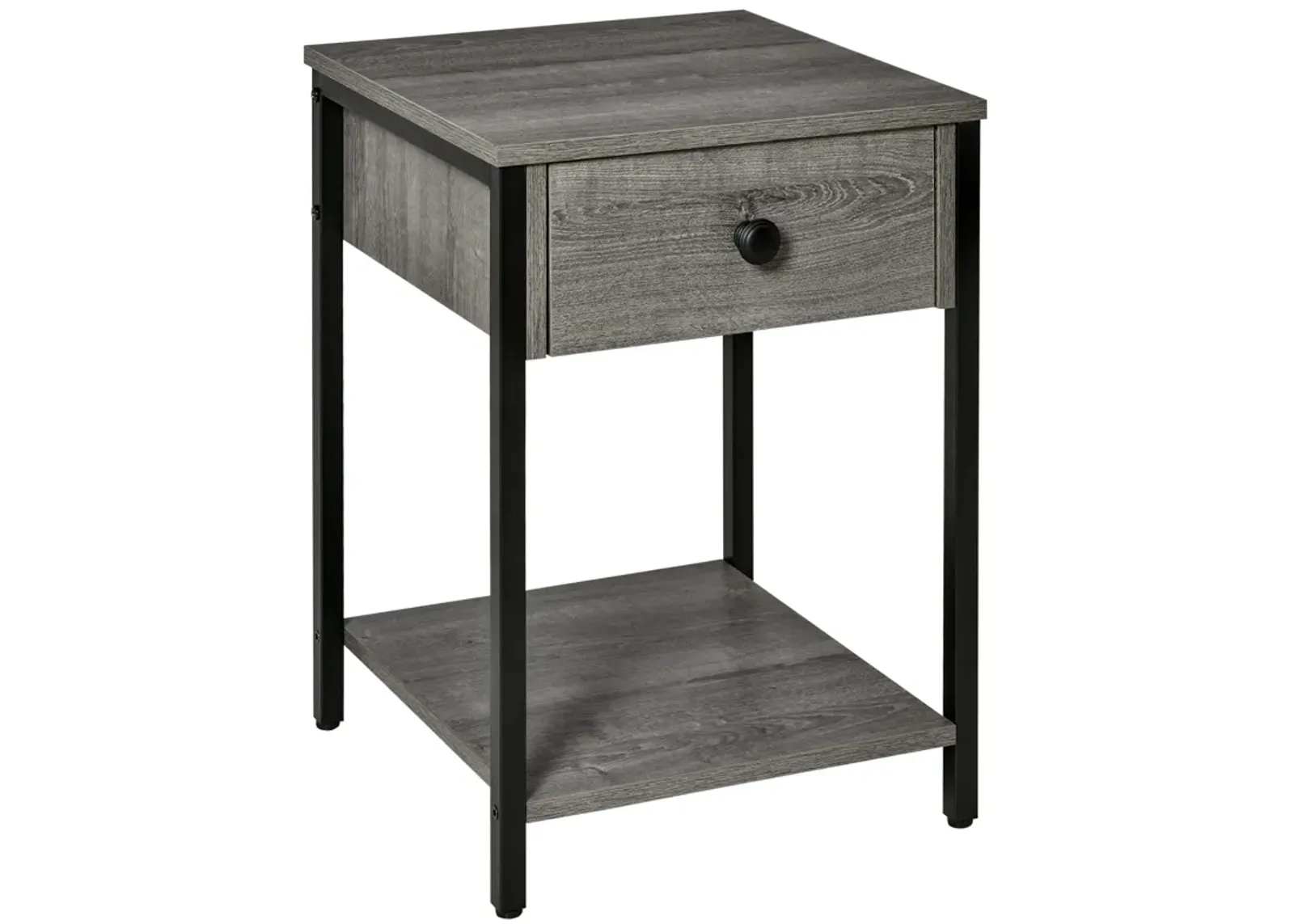 Grey Industrial Table: End Table with Drawer and Storage Shelf