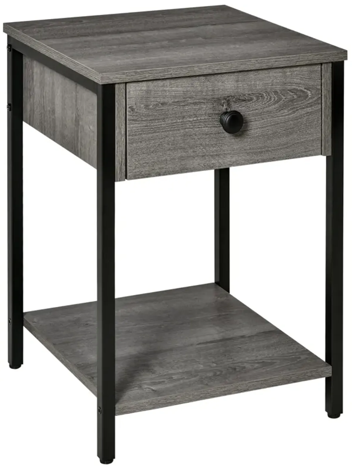 Grey Industrial Table: End Table with Drawer and Storage Shelf