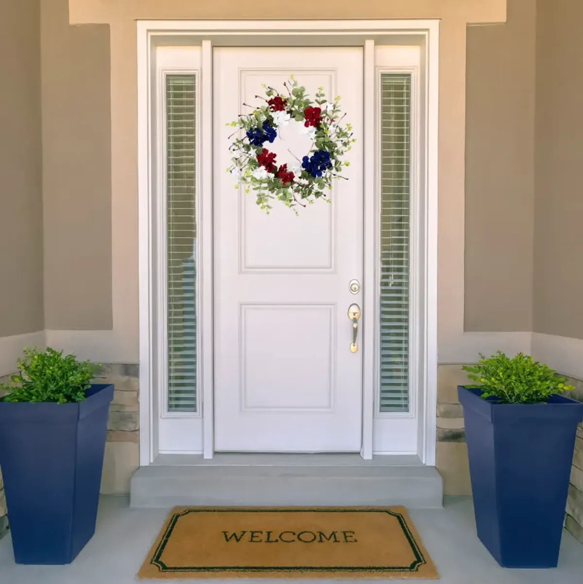 Red  white and Blue Hydrangea and Eucalyptus Patriotic Artificial Wreath