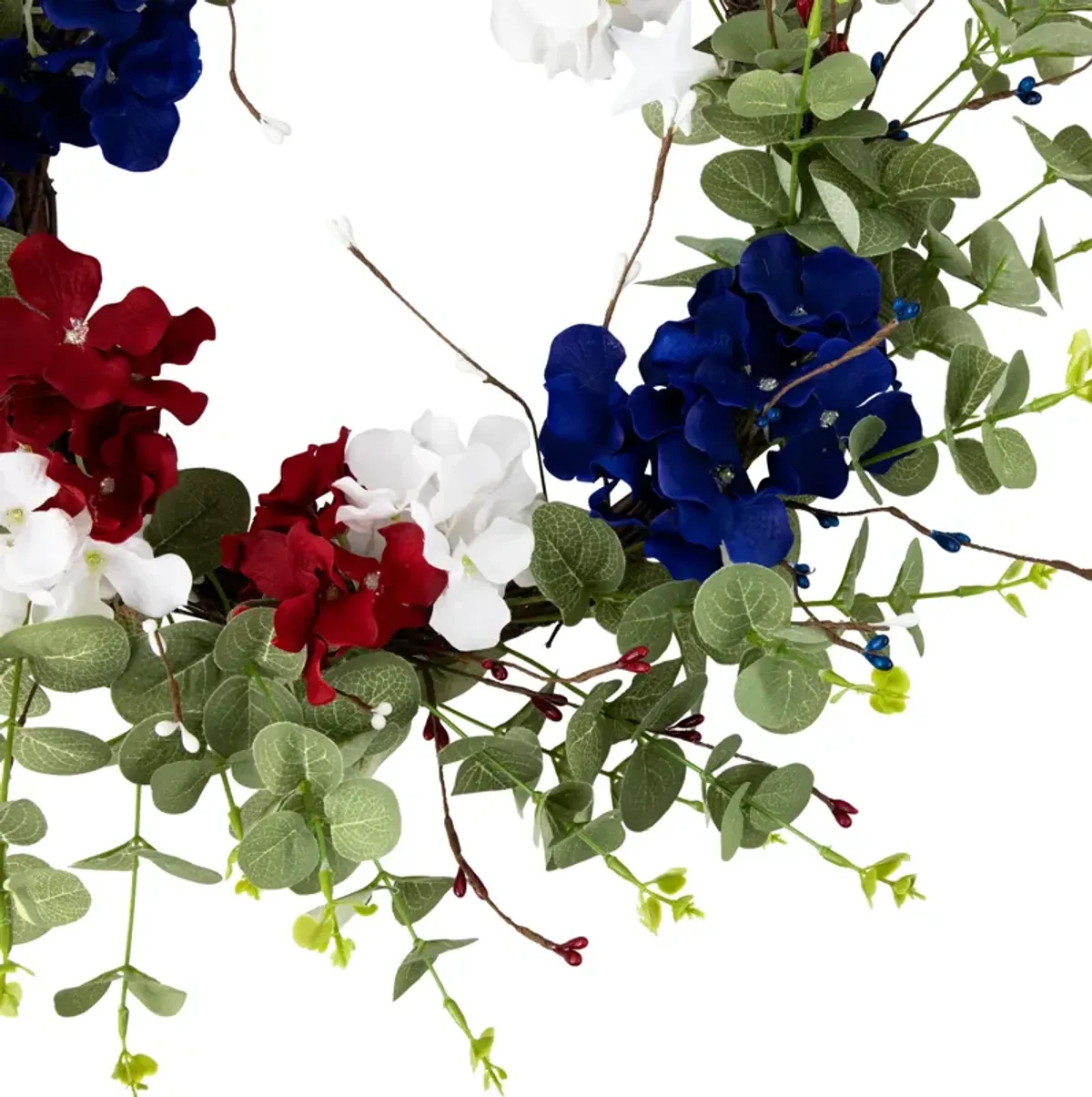 Red  white and Blue Hydrangea and Eucalyptus Patriotic Artificial Wreath