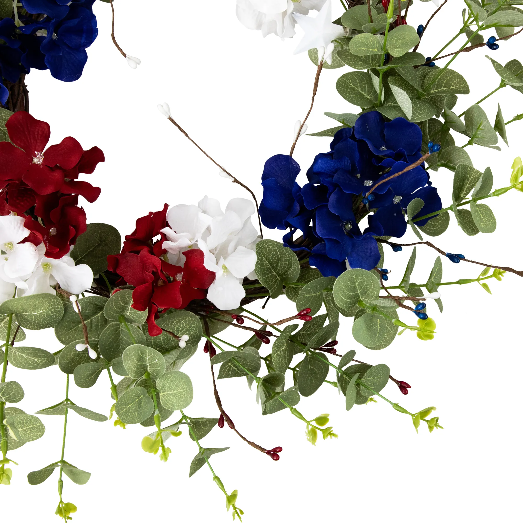 Red  white and Blue Hydrangea and Eucalyptus Patriotic Artificial Wreath