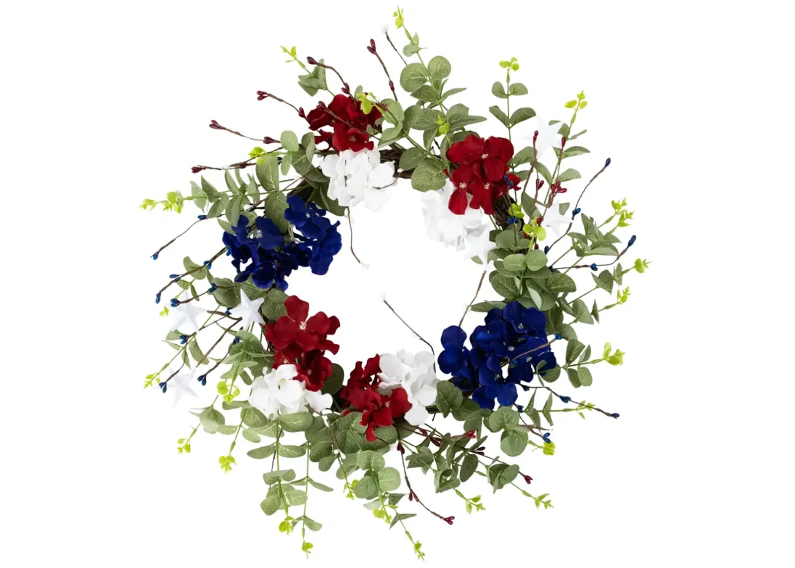 Red  white and Blue Hydrangea and Eucalyptus Patriotic Artificial Wreath