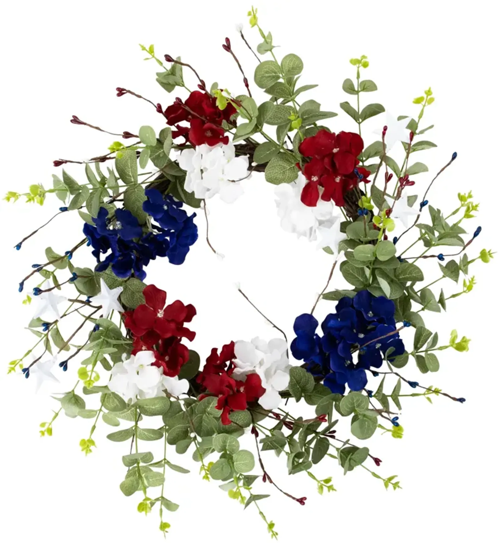 Red  white and Blue Hydrangea and Eucalyptus Patriotic Artificial Wreath