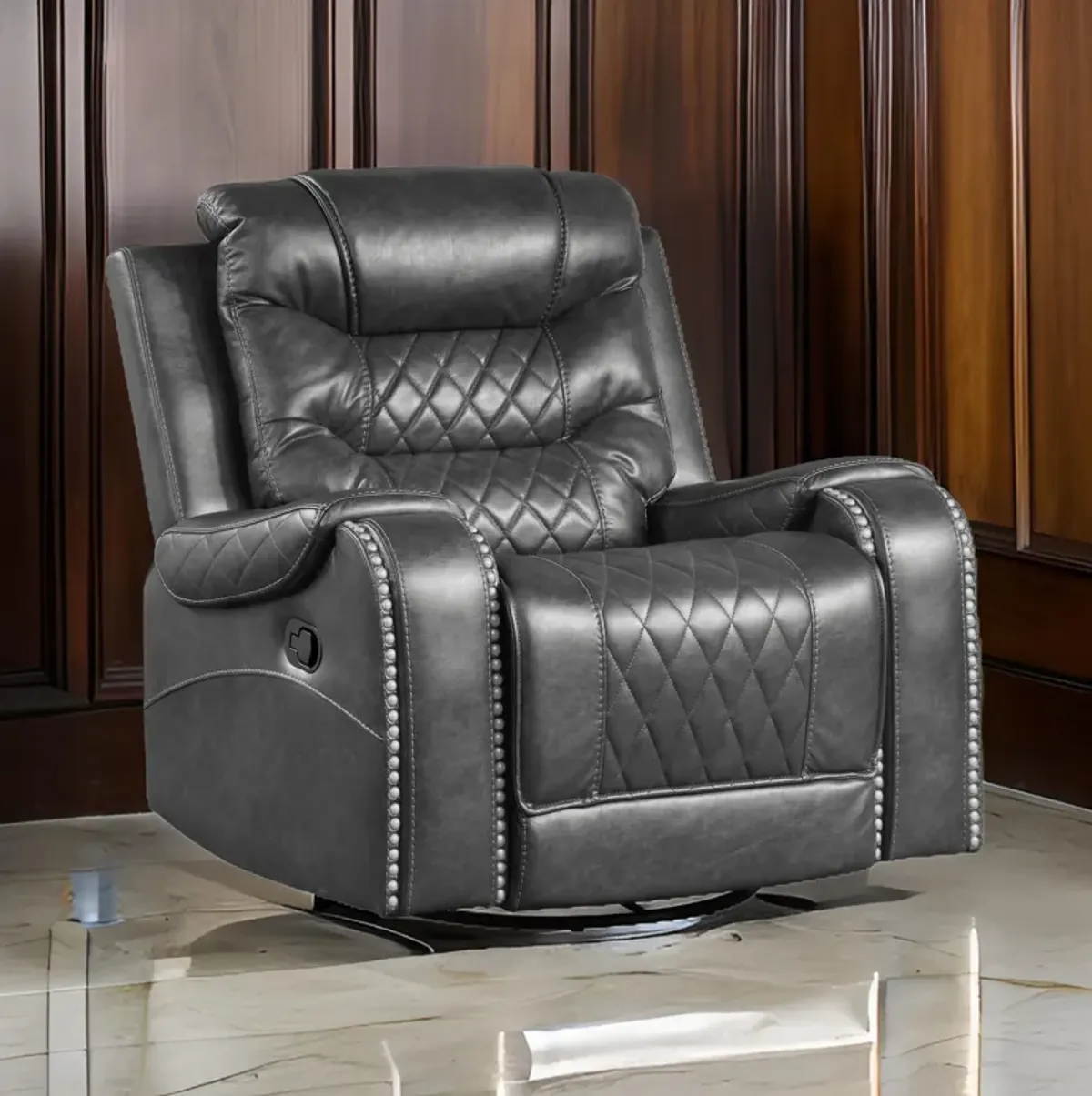 Paul 38 Inch Manual Swivel Glider Recliner Chair, Gray Faux Leather - Benzara